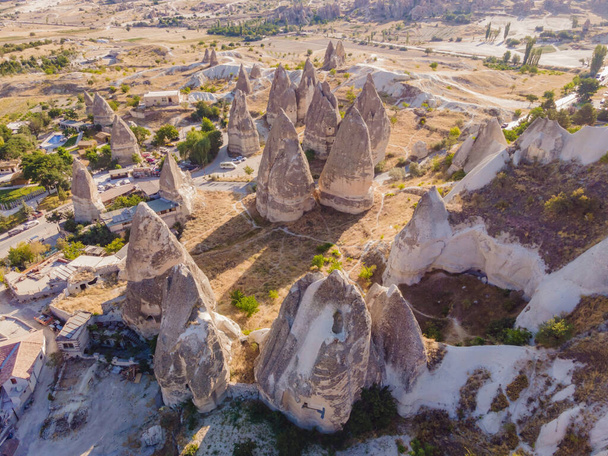 Beautiful stunning view of the mountains of Cappadocia and cave houses. Turkey. - Фото, изображение
