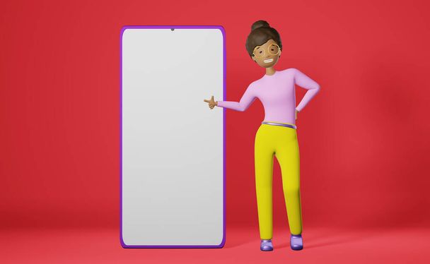 Χαμογελώντας African American κορίτσι μεγάλο smartphone mockup ροζ 3D απόδοση app UI UX σχεδιασμό. Ελεύθερος επαγγελματίας Σπουδάζει σπουδαστής. Cartoon πολυεθνική χαρακτήρα επιχειρήσεων γυναικών gadget οθόνη. - Φωτογραφία, εικόνα