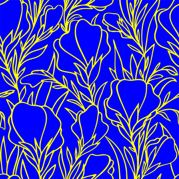 simple two-tone seamless pattern of yellow large contours of flowers on a blue background, texture, design - Vecteur, image