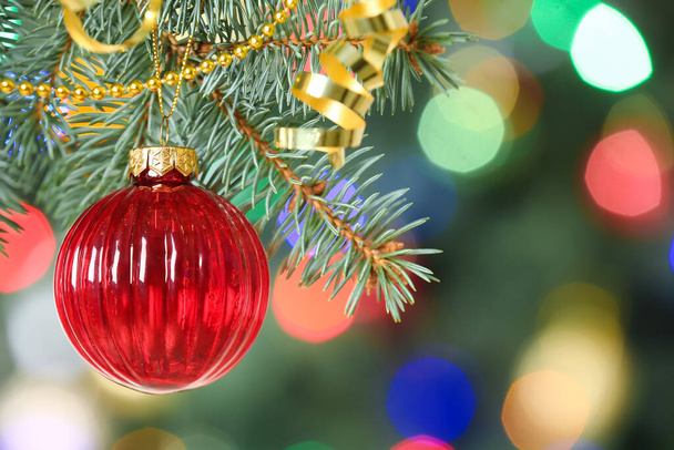Red Christmas ball with beads hanging on fir tree, closeup - Foto, Bild