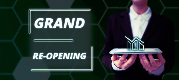 Wyświetlacz koncepcyjny Grand Re Otwarcie, Business showcase odbędzie się z okazji otwarcia nowej firmy lub miejsca publicznego - Zdjęcie, obraz