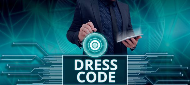 Texto de escritura Código de vestimenta, Concepto que significa una forma aceptada de vestir para una ocasión o grupo en particular - Foto, imagen