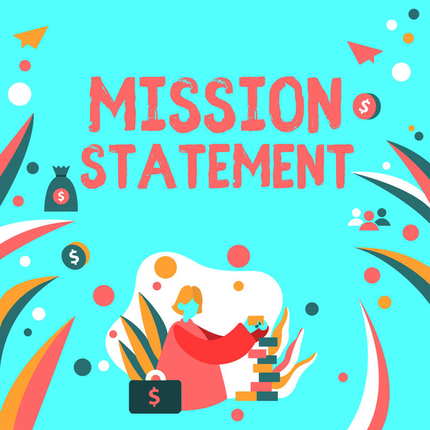 Didascalia di testo che presenta Mission Statement, Business concept Sintesi formale degli obiettivi e dei valori di un'azienda - Foto, immagini