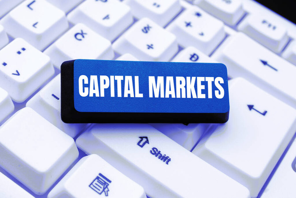 Texto a mano Mercados de capitales, Visión general de las empresas Permiten a las empresas recaudar fondos proporcionando seguridad en el mercado - Foto, imagen