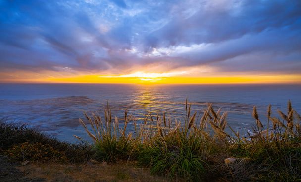 Beautiful sunset over the Pacific ocean, Big Sur, California Central Coast, Cloudy sky, quiet water, and native plants in golden sunlight - Photo, Image