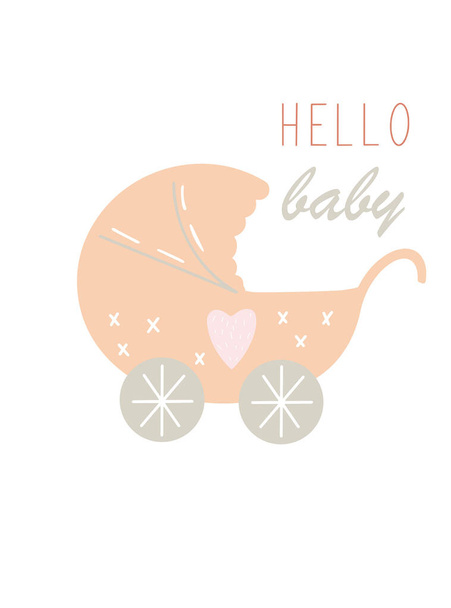Baby carriage with handwritten phrase hello baby. Poster for children's room, greeting card, children's t-shirts and clothes. - Vektori, kuva