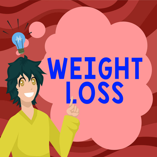 Textzeichen mit Gewichtsverlust, Wort für Verringerung der Körperflüssigkeit Muskelmasse reduzieren Fett entsorgen Gewebe - Foto, Bild