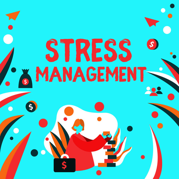 Tekstbord met Stress Management, Woord Geschreven op het leren van manieren van gedrag en denken die stress verminderen - Foto, afbeelding