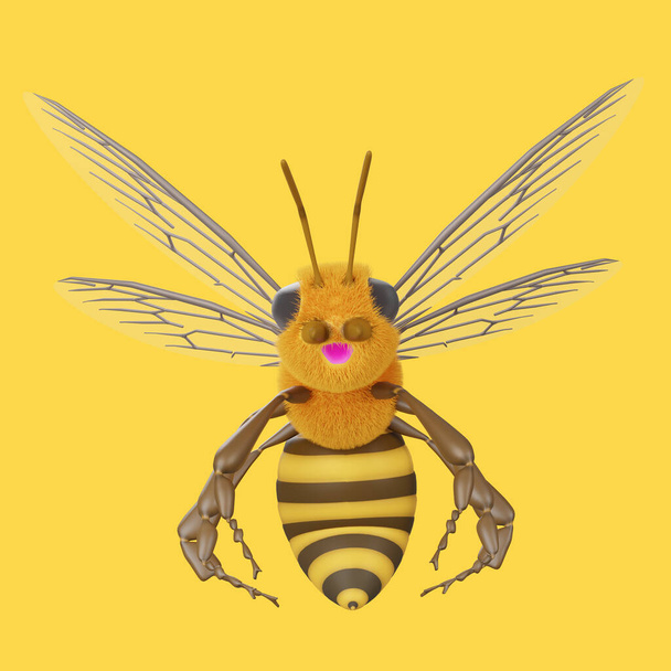 Modelo para una abeja con cara sonriente brillante aislada sobre fondo amarillo Personaje de dibujos animados 3D para una abeja con pelo en la cara y el cuerpo con ilustración 3D amarilla y marrón. - Foto, imagen