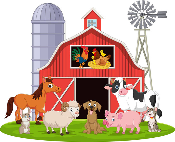 Ilustración vectorial de animales de granja de dibujos animados en el corral - Vector, imagen