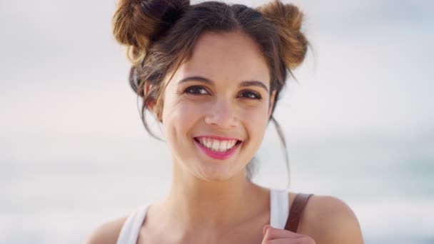 Summer, holiday and face of girl by beach enjoying free time, vacation and weekend in Miami. Travel, fashion and portrait of happy woman with hairstyle by ocean for freedom, adventure and relax. - Séquence, vidéo