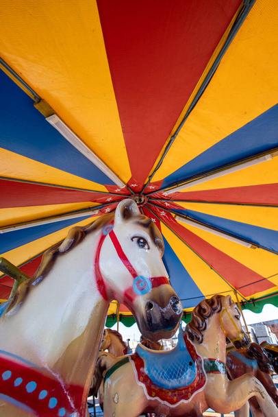 Carousel in an amusement park with the multicolored tent, on countryside of of Brazil - Photo, Image