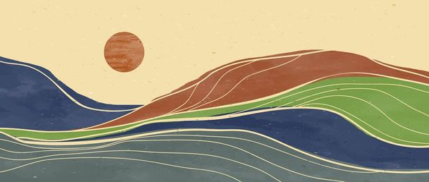 Природные абстрактные океанские волны и картина горного искусства. Абстрактные современные эстетические пейзажи. с морем, горой, волной и солнцем. векторные иллюстрации - Вектор,изображение