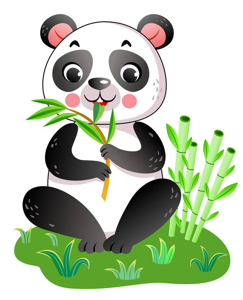 Ül a füvön rajzfilm panda eszik bambusz csírák. vektor illusztráció. - Vektor, kép
