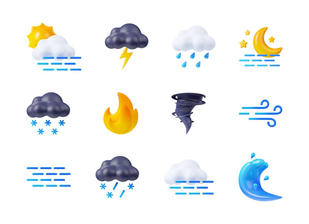 3d render weather icons set, sun, clouds, fog, lightnings and snow or rain. Day and night, fire, tornado or tsunami with strong wind forecast elements. Cartoon illustration in plastic minimal style - Фото, зображення
