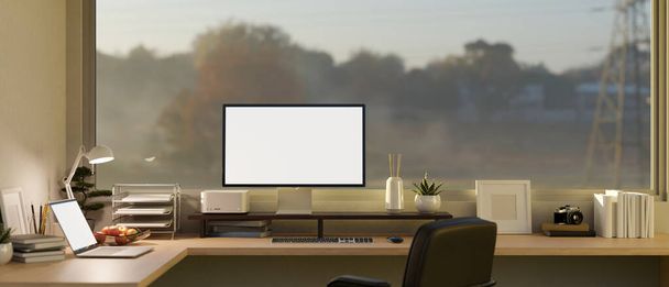 ノートパソコンやPCのデスクトップモックアップ、文房具、テーブルランプ、およびビューとウィンドウに対して隅の机の上のアクセサリーと現代のワークスペース。3Dレンダリング、 3Dイラスト - 写真・画像