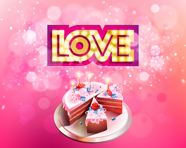 Διάνυσμα χρυσό αγάπη επιγραφή με λαμπτήρες πυράκτωσης, κομμένα σε μια μεγάλη τούρτα ροζ φόντο - Διάνυσμα, εικόνα