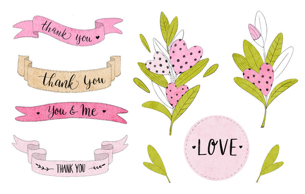 Love collection. Set on valentines day. Watercolor illustration of hand drawn elements with flowers, hearts, leaves, plants, ribbons, lettering. - Fotoğraf, Görsel