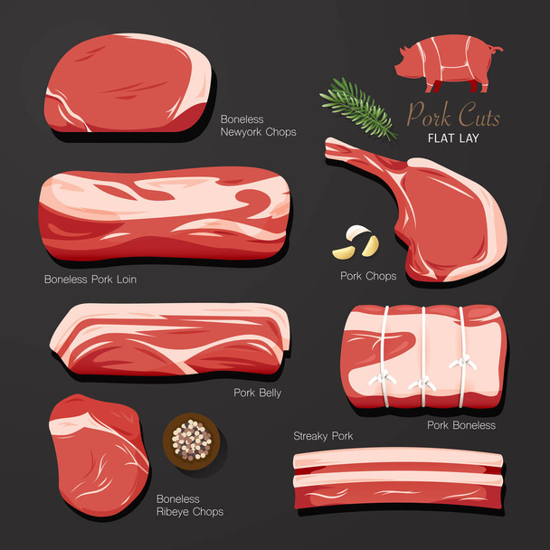 Schweinefleisch ohne Knochen Fleischstück Set vorhanden. flache grafische Idee. Sammlung. Fleischereiprodukte. Vektorillustration  - Vektor, Bild