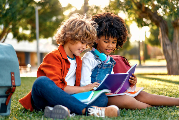 Приємні школярі роблять домашнє завдання разом, сидячи на траві в парку. Знову в школу. Афроамериканська дівчина з кавказьким милим хлопчиком спілкується після уроків. - Фото, зображення