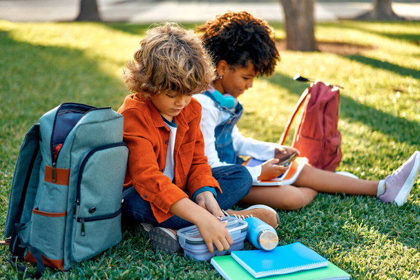 Charming schoolchildren after lessons are resting sitting on the grass in the park. Back to school. African American girl with a Caucasian boy take out a lunch box from their backpack to have lunch. - Foto, afbeelding