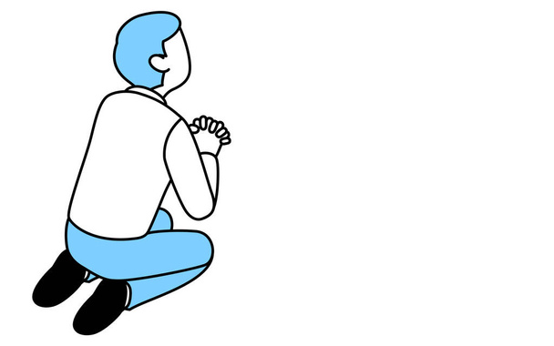 許しを求めている男のイメージ、直立座って手で折り畳まれた祈りの男のシンプルな線画イラスト. - ベクター画像