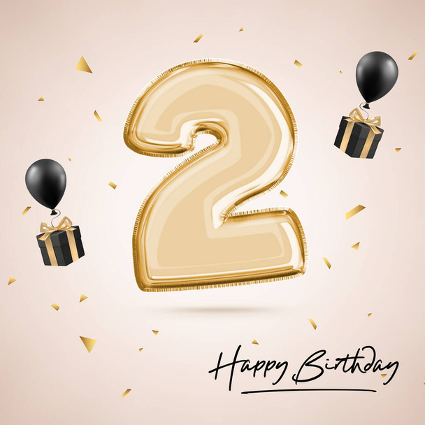 On fête un anniversaire de deux ans. Anniversaire numéro 2 ballon noir. Affiche d'anniversaire, félicitations. Numéros d'or avec des confettis d'or scintillants. rendu 3D - Photo, image