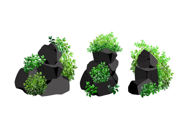 Verzameling van steenkool, grafiet, basalt en antraciet. Een set van zwarte houtskool van verschillende vormen en planten.Het concept van mijnbouw en erts in een mijn.Stenen fragmenten en rotsblokken. - Vector, afbeelding