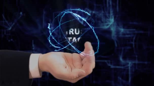 Το ζωγραφισμένο χέρι δείχνει την ιδέα του ολογράμματος επίθεση ιού. Σχεδιασμένος άνθρωπος με επιχειρηματική στολή με μελλοντική οθόνη τεχνολογίας και σύγχρονο κοσμικό υπόβαθρο - Πλάνα, βίντεο