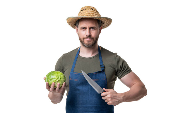 man in apron hold cabbage and knife isolated on white. - Fotoğraf, Görsel