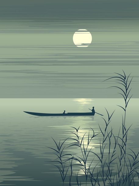 Vector illustration boat on lake against the Moon. - Vector, Image