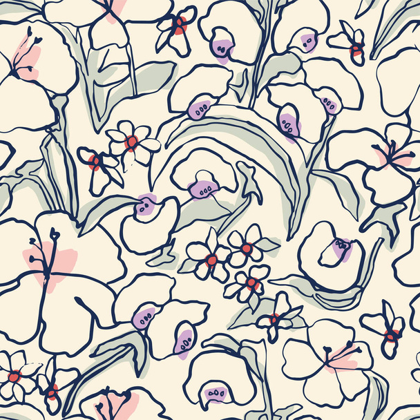 Vector dibujado a mano dibujo de la flor ilustración patrón de repetición sin costuras - Vector, imagen