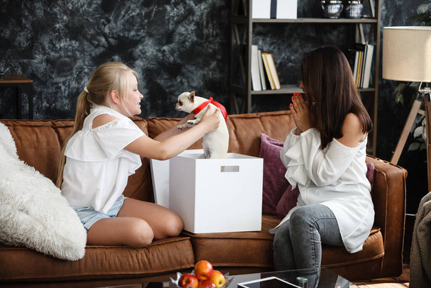 Anya-lánya kapcsolat koncepció. Egy nő gratulál boldog tinédzser lánynak a születésnapján, és ajándékot ad neki. Egy kutya a dobozban. A család otthon ünnepli az évfordulóját. - Fotó, kép