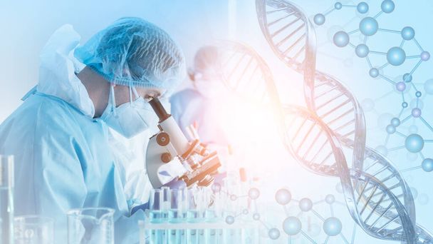 research and developement concept background scientist or reseacher using microscope in biotechnology laboratory  overlay with DNA strand and molecules symbo; . concept of DNA engineering - Фото, зображення