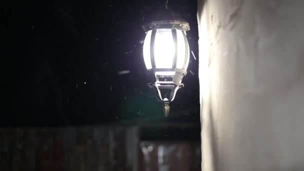la primera nieve que cayó de noche a la luz de una linterna cerca de la pared de la casa - Metraje, vídeo