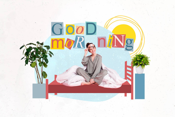 Creative abstract collage template graphics image of happy smiling lady enjoying good morning isolated drawing background. - Foto, Imagem