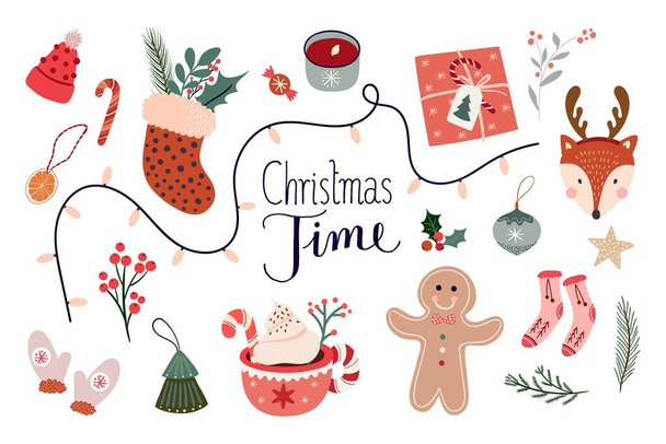 Christmas time elements collection with  winter seasonal design, vector illustration isolated on white background - Vector, Image