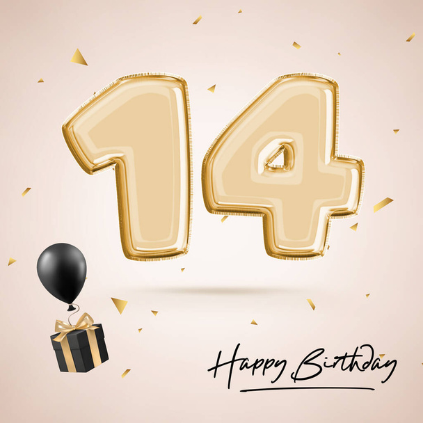 Celebración del aniversario de catorce años, número de cumpleaños 14, globo negro, póster de cumpleaños, felicitaciones, números de oro con confeti de oro brillante. Renderizado 3D - Foto, Imagen