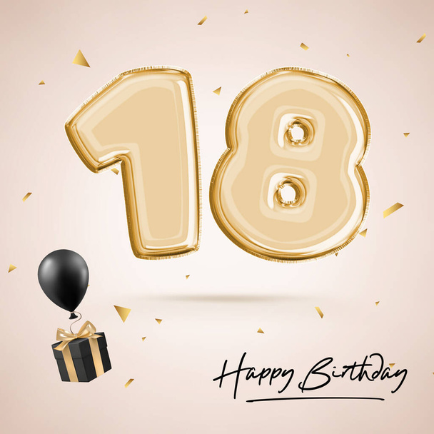 Achttien jaar jubileumfeest, verjaardag nummer 18, zwarte ballon, verjaardagsaffiche, gefeliciteerd, gouden nummers met glittergouden confetti. 3D-weergave - Foto, afbeelding