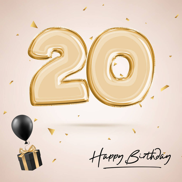 Επέτειος 20 χρόνων, γενέθλια νούμερο 14, μαύρο μπαλόνι, αφίσα γενεθλίων, συγχαρητήρια, χρυσά νούμερα με χρυσά κομφετί. 3D απόδοση - Φωτογραφία, εικόνα