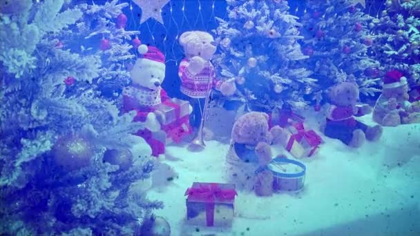 Papá Noel trayendo regalos de Navidad sorpresa para los niños osos de peluche - Metraje, vídeo