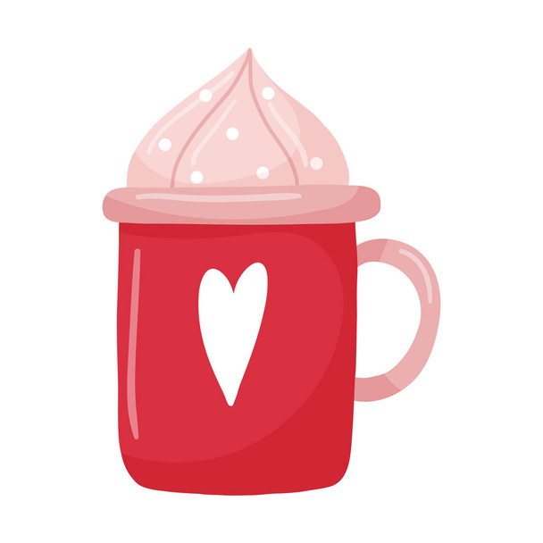 A red mug with a heart. A hand-drawn flat cup with a hot drink and whipped cream. The design element is isolated on a white background. Color vector illustration - Vector, Image
