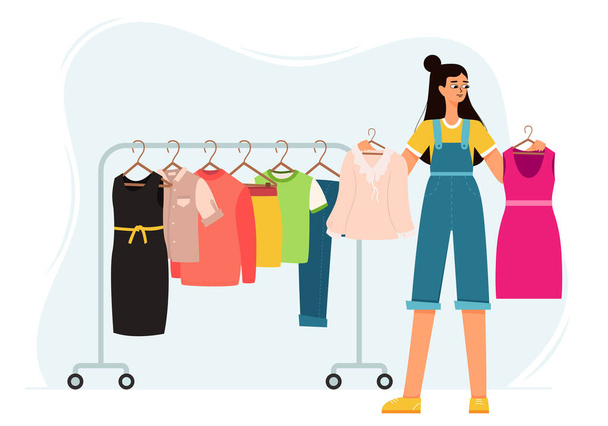 A girl in a jumpsuit chooses clothes and thinks she wants a dress or blouse. a hanger with different clothes. Shopping. Color vector illustration of isolated on a white background - Vector, imagen