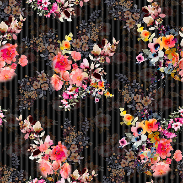Seamless Floral Pattern, Vintage Digital Flower Watercolor Background, Watercolor illustration, Textile Digital Flower Pattern Black Background - Foto, afbeelding
