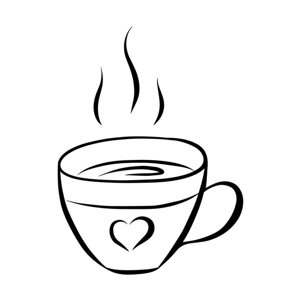Black and white vector illustration in doodle style. Mug with hot coffee or tea. Cup with a heart. The element is drawn by hand and isolated on a white background. A simple drawing of a tea cup - Wektor, obraz