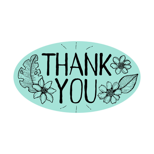 Black-white vector illustration with the inscription Thank you. Round design, doodle style. hand lettering. Thank you note sticker with hand-drawn flowers. Elements are isolated on a green background - Vetor, Imagem