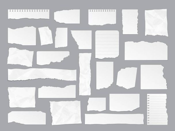 Beyaz yırtık kâğıt parçaları yırtıklar, kenarlar, sayfa kırıntıları, vektör defter parçaları. Beyaz yırtık kağıt ve boş sayfa parçaları, kare mesaj notu veya not defteri şeritleri ve albüm parçacıkları - Vektör, Görsel