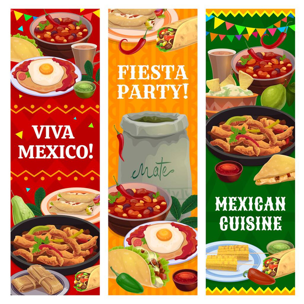 メキシコ料理の食事、飲み物、果物やスナック垂直バナー。Tex Mexファーストフード,メキシコ料理レストランメニュー食事とフィエスタパーティーベクトルの背景とともにfajitas, tacos and burrito, tamales, mate Tea - ベクター画像