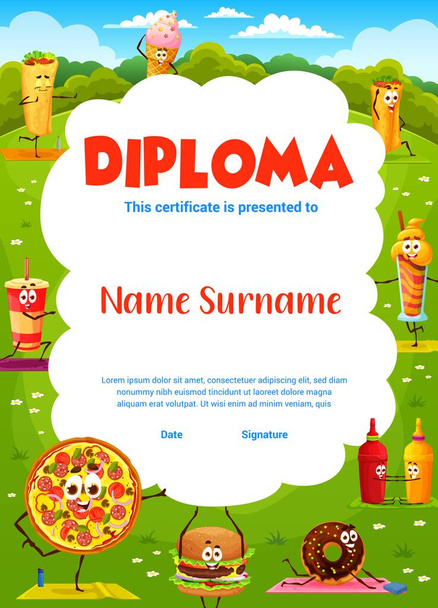 Kids yoga diploma cartoon fast food characters on fitness. Vector trophy award frame template, wellness school classes certificate with pizza, burger, donut, sauce, cola and ice cream with tex mex - Vector, Image