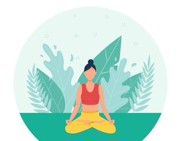 The girl practices yoga in the open air.The concept of outdoor yoga.Yoga classes in nature. Flat style. The woman is sitting in the Lotus position. Woman cartoon character on the background of foliage - Vektor, kép